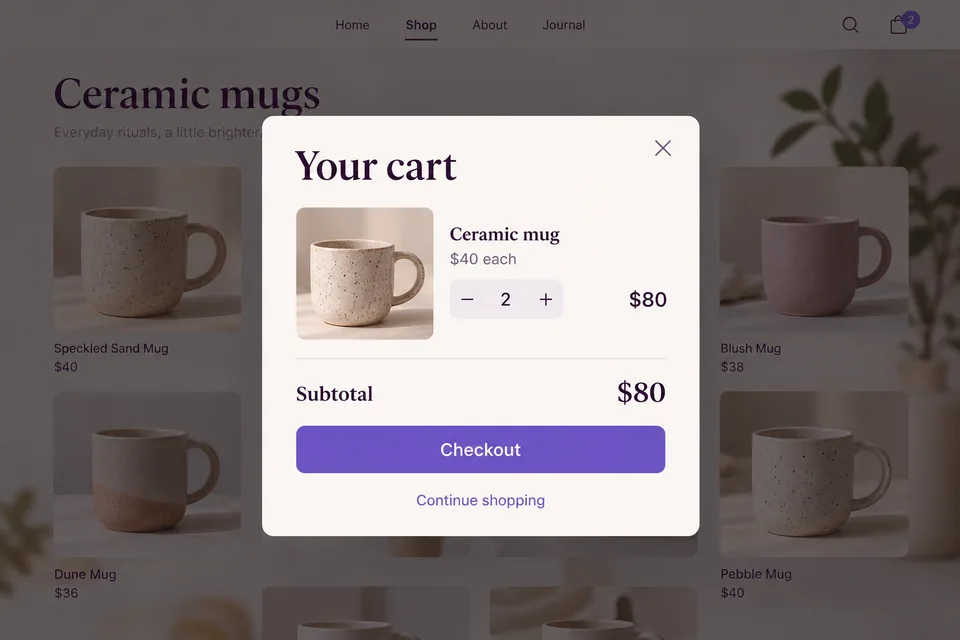Una modale carrello centrale conferma due tazze da 40 dollari, quantità 2 e subtotale di 80 dollari, con checkout e ritorno agli acquisti.