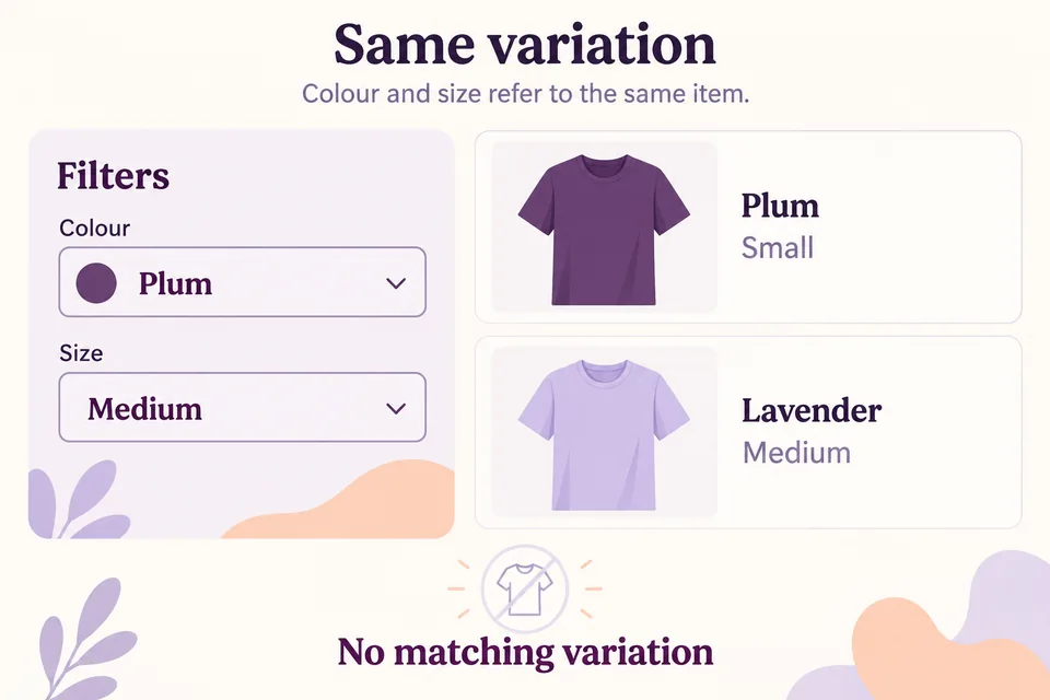Plum and Medium selected beside Plum Small and Lavender Medium variations, showing that neither matches the whole combination.