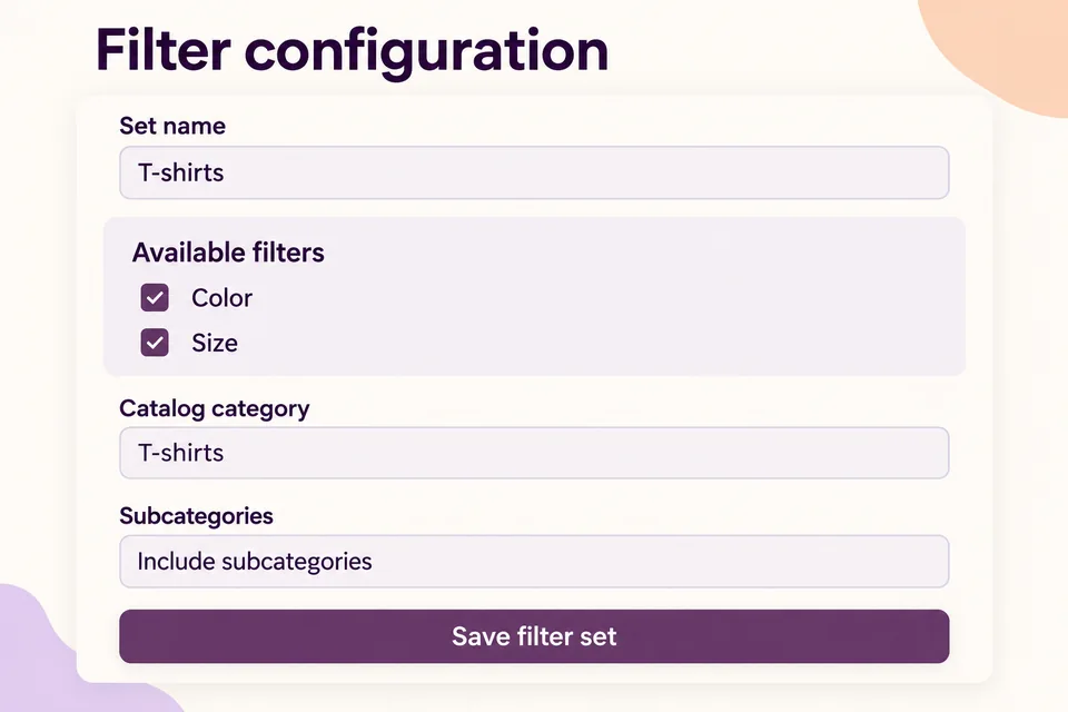 Filter configuration with Color and Size enabled, T-shirts as the catalog category, and Include subcategories selected.