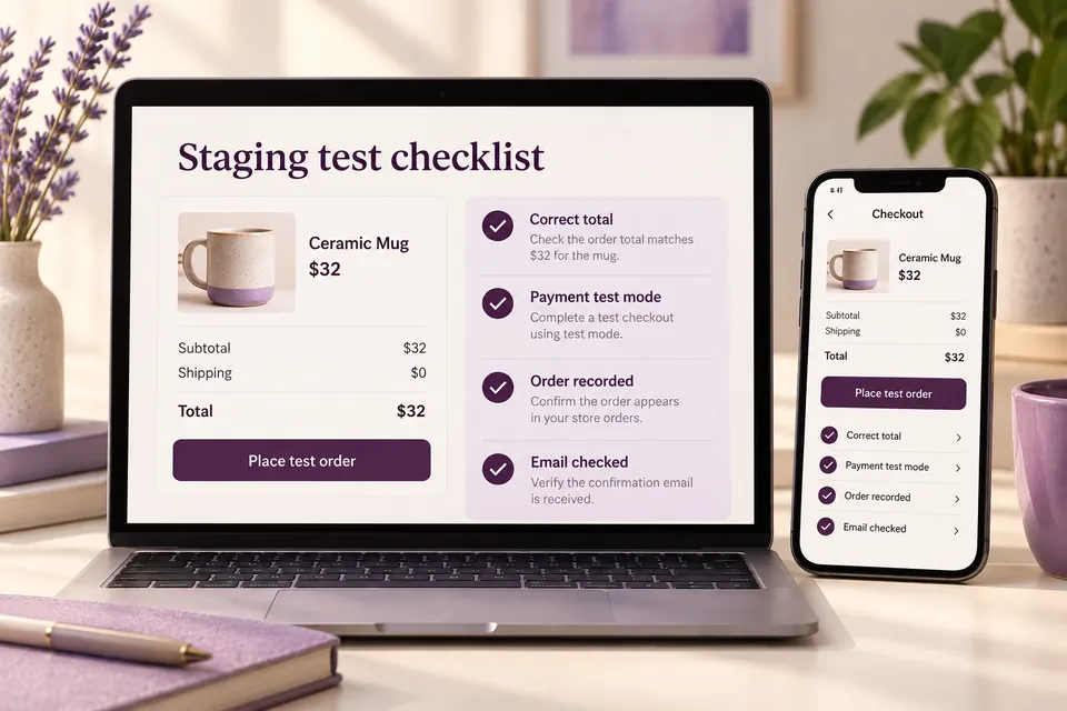A staging checkout checklist reviews a US$32 test item, total, payment test mode, recorded order and checked email beside a phone.