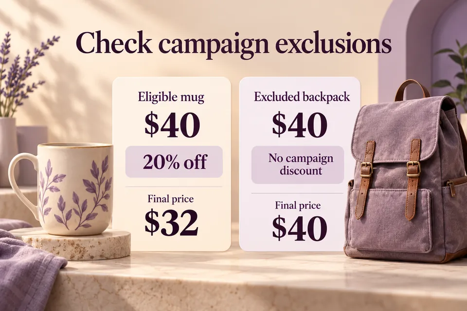 An eligible US$40 mug becomes US$32 with 20% off; an excluded US$40 backpack keeps its original price.