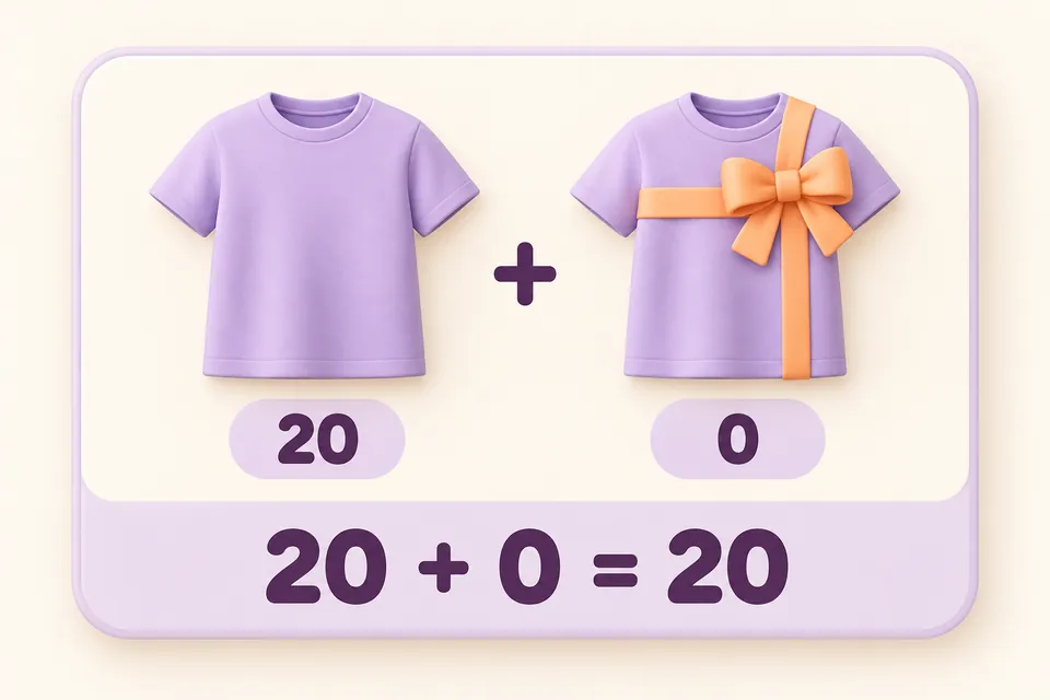Two T-shirts illustrate a BOGO saving equivalent to 20 plus zero, total 20; both units must already be in the cart.