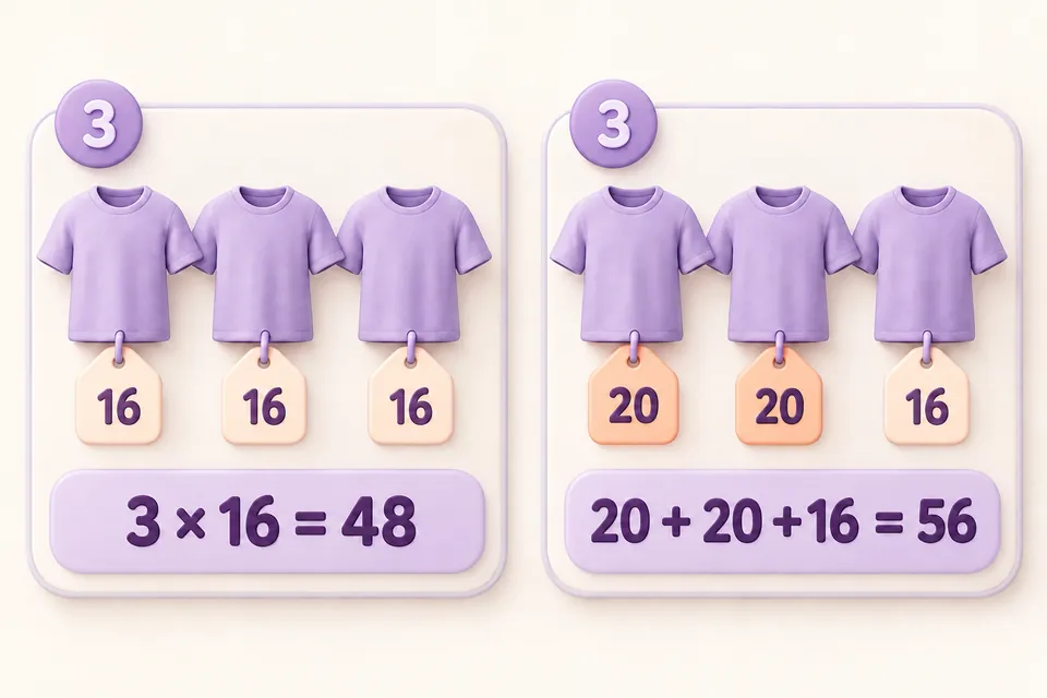 Three T-shirts cost 48 with bulk pricing, compared with 56 when only the third unit receives the progressive price of 16.