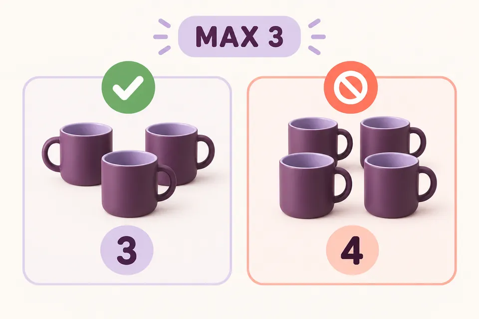 Three mugs are accepted and four are blocked under a maximum of three units of that product in the current cart.
