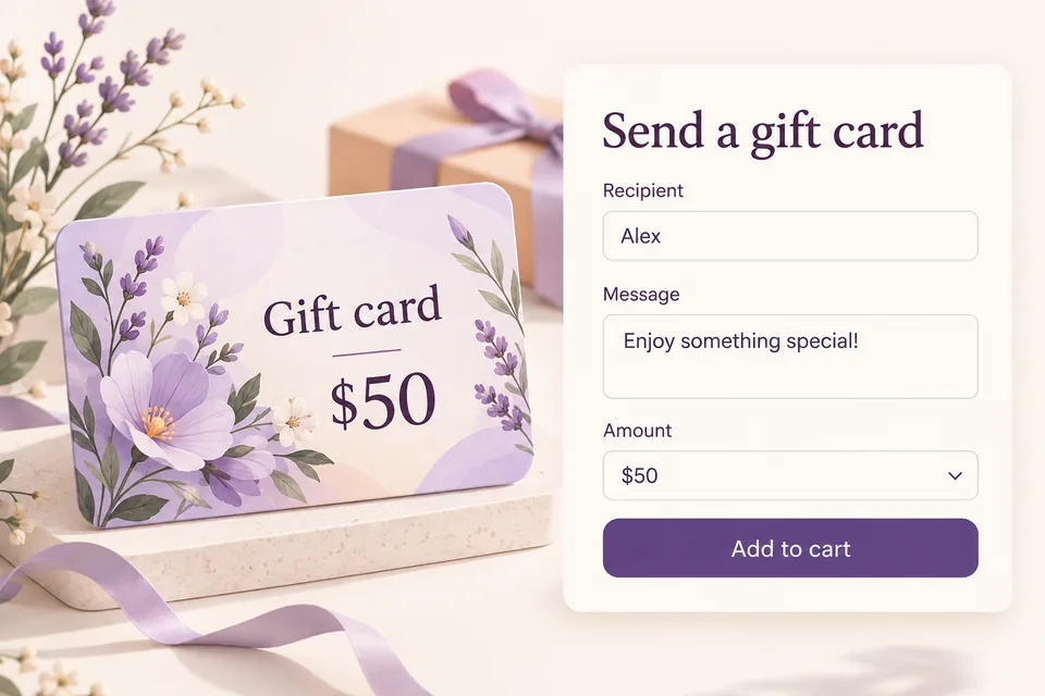 Una gift card da 50 dollari affianca i campi destinatario, messaggio e importo: è il valore del regalo, non il prezzo del plugin.