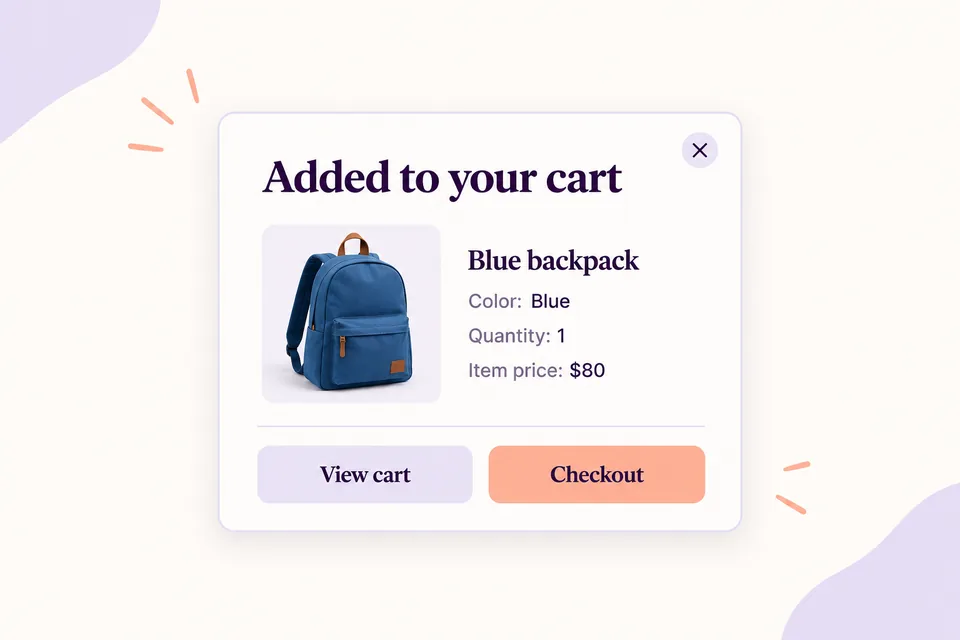 Centered cart confirmation showing a blue backpack, quantity one, $80 price and separate View cart and Checkout actions.