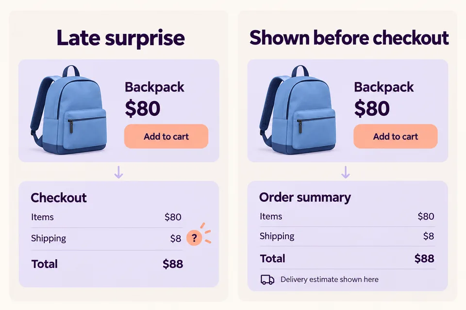The same $88 total with shipping revealed late versus shipping shown before checkout.