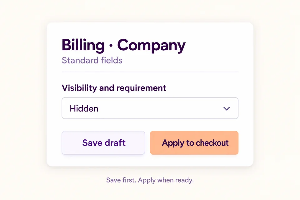 Simplified Billing Company settings with Visibility and requirement set to Hidden, followed by Save draft and Apply to checkout buttons.