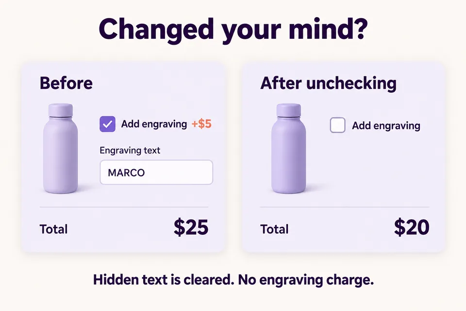 Before and after unchecking engraving: the MARCO text field disappears and the bottle total changes from $25 to $20.