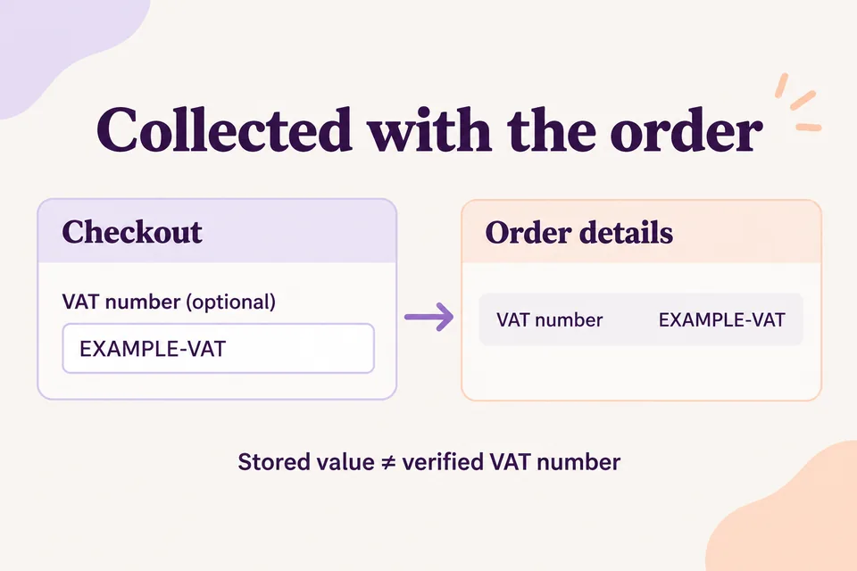 Valore inventato EXAMPLE-VAT inserito al checkout e salvato come Partita IVA nei dettagli dell’ordine, con indicazione che il salvataggio non equivale a una verifica.