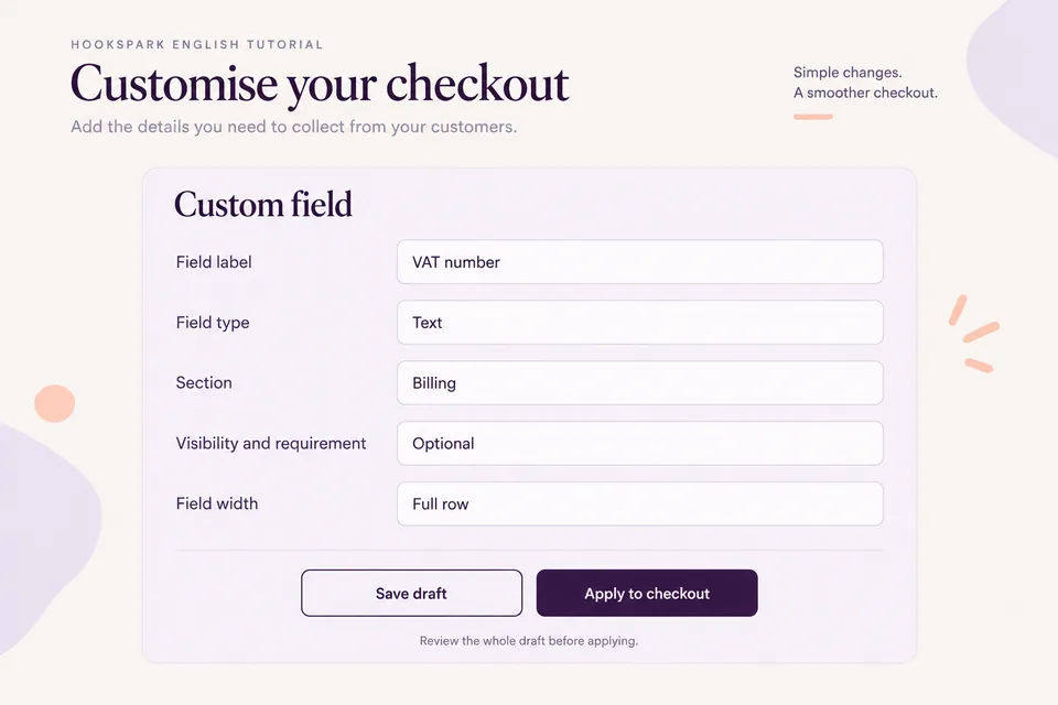 Impostazioni del campo personalizzato: Partita IVA, Testo, Fatturazione, Facoltativo e Riga intera, con i comandi Salva bozza e Applica al checkout.