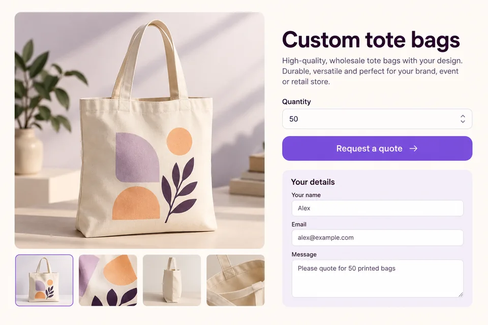 Un cliente richiede un preventivo per 50 borse personalizzate tramite quantità e contatti, senza un prezzo di acquisto diretto.