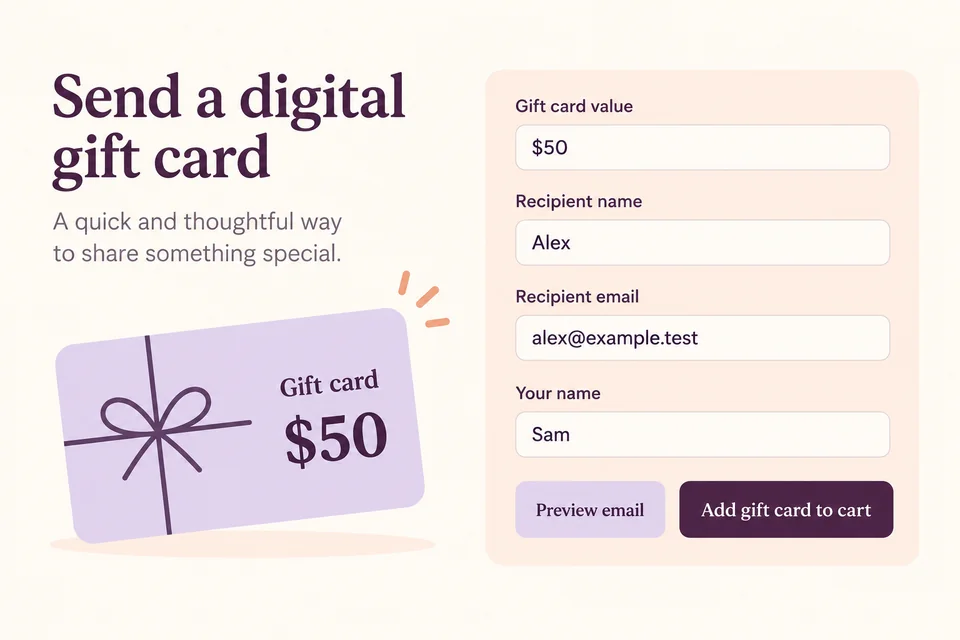 Tarjeta regalo de 50 USD junto al nombre Alex, el correo del destinatario y el nombre Sam del remitente, con botones de vista previa y de añadir al carrito.