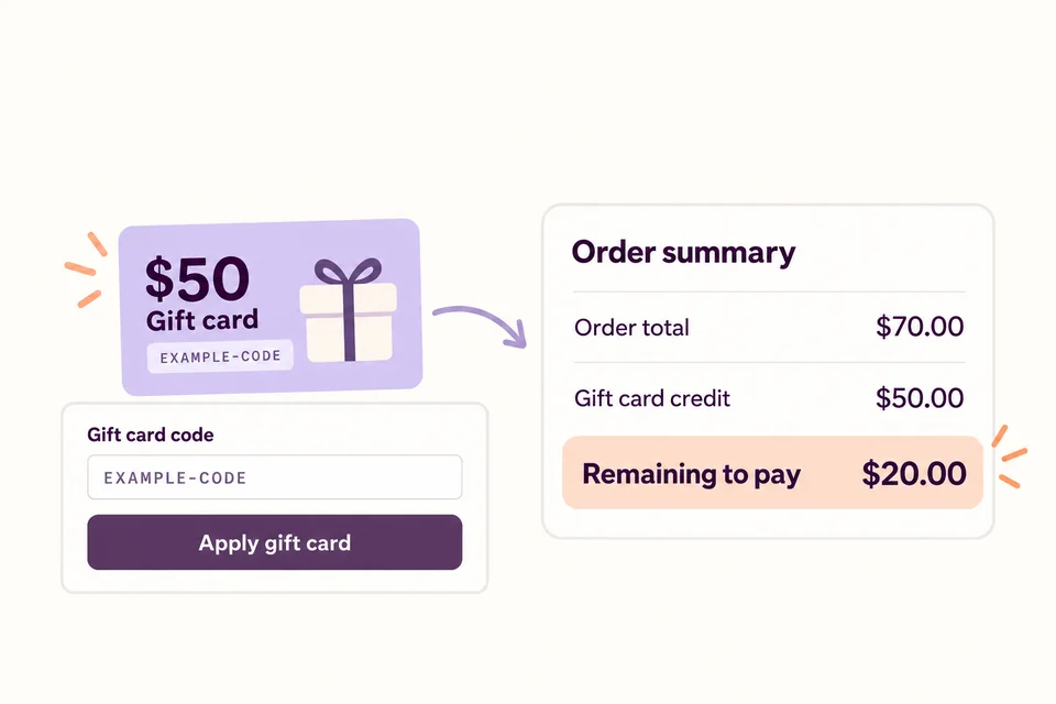 Un código de ejemplo aplica 50 USD de saldo a un pedido de 70 USD y deja 20 USD por pagar.