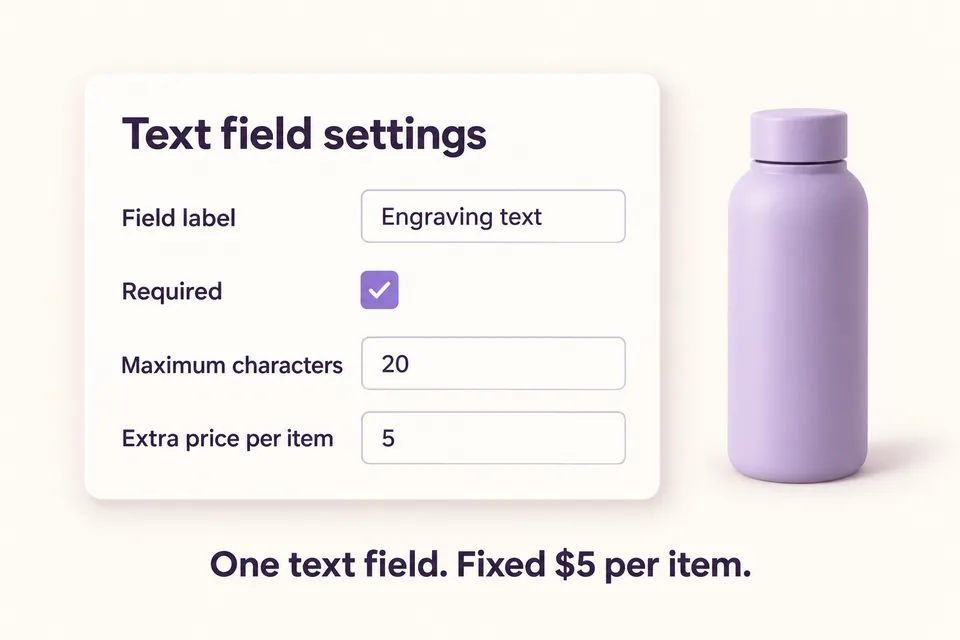 Simplified text-field settings with Engraving text as the label, Required checked, Maximum characters set to 20 and Extra price per item set to 5.