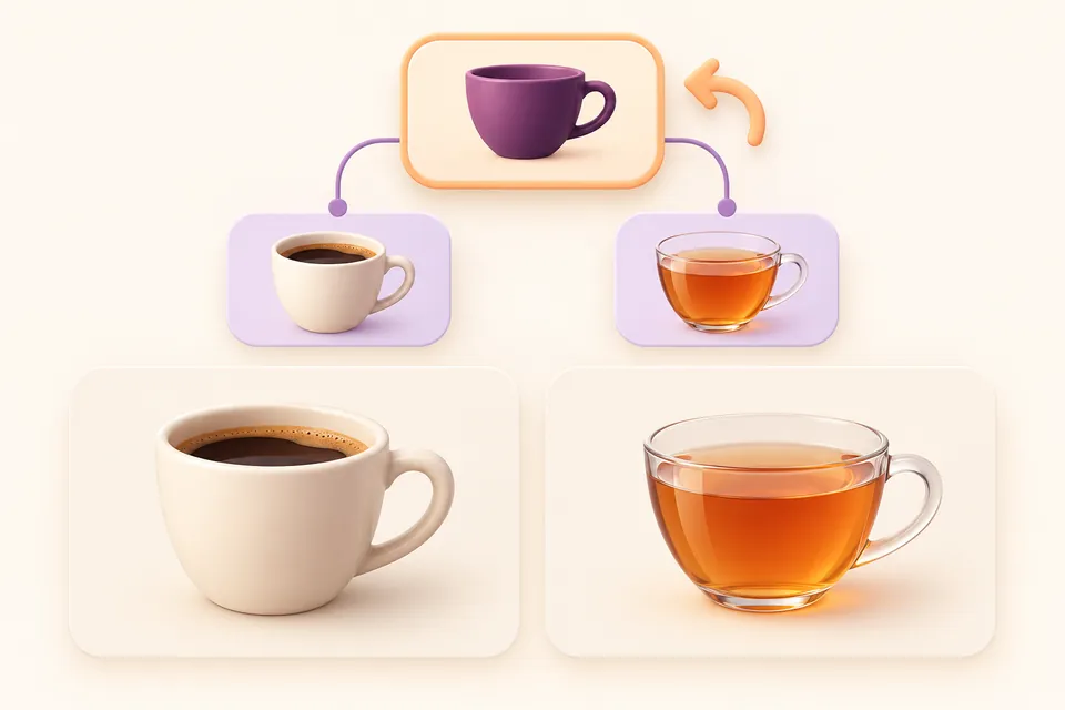 A parent cup category branches into coffee and tea subcategories; a reset arrow returns to the parent scope.