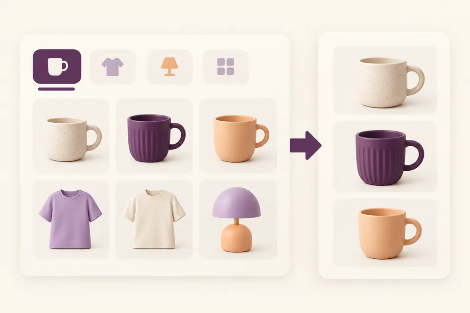 A six-product catalog is narrowed to three mugs by selecting the cup category.
