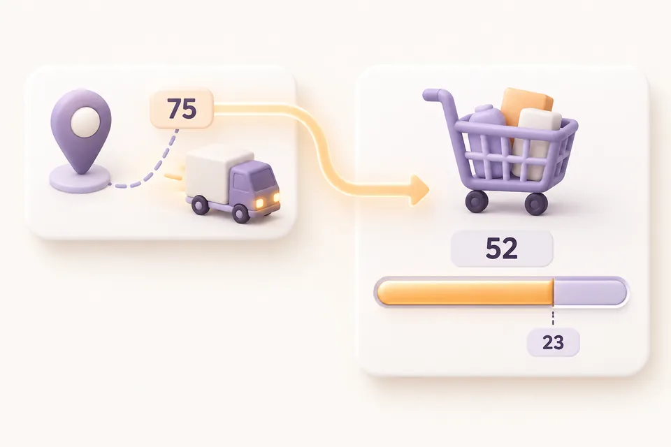 Un destino con mínimo 75 determina un carrito con base 52 y 23 pendientes.