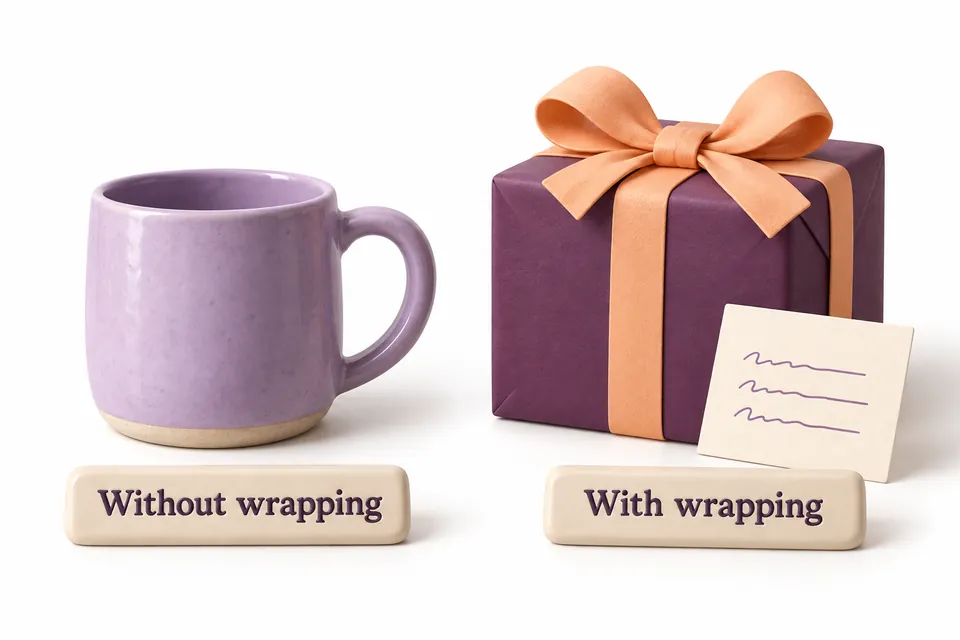 An unwrapped lavender mug without a message card beside a wrapped plum gift box with a message card.