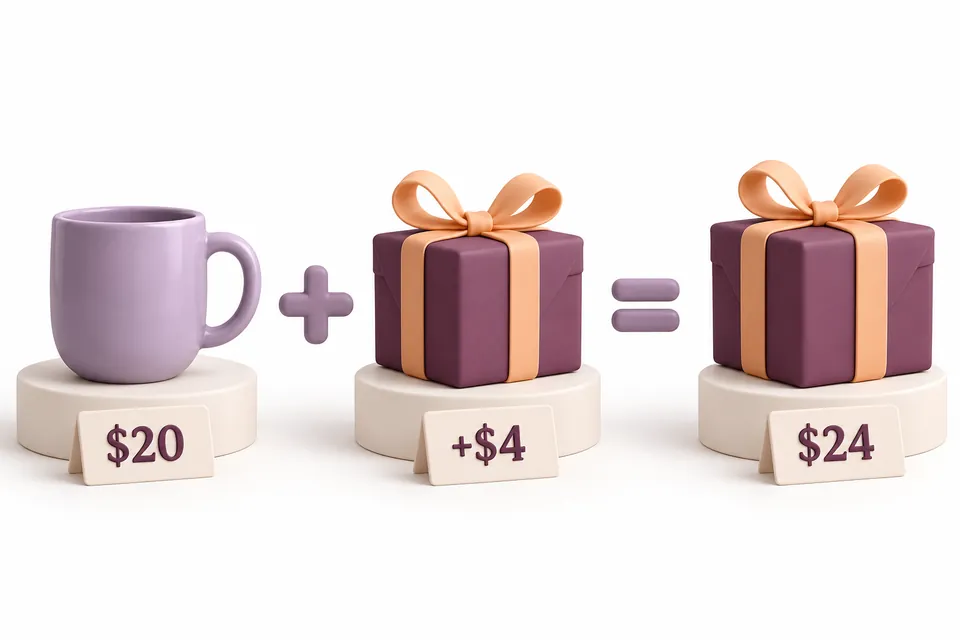 A twenty-dollar mug plus a four-dollar gift-wrapping add-on equals a twenty-four-dollar configured product.