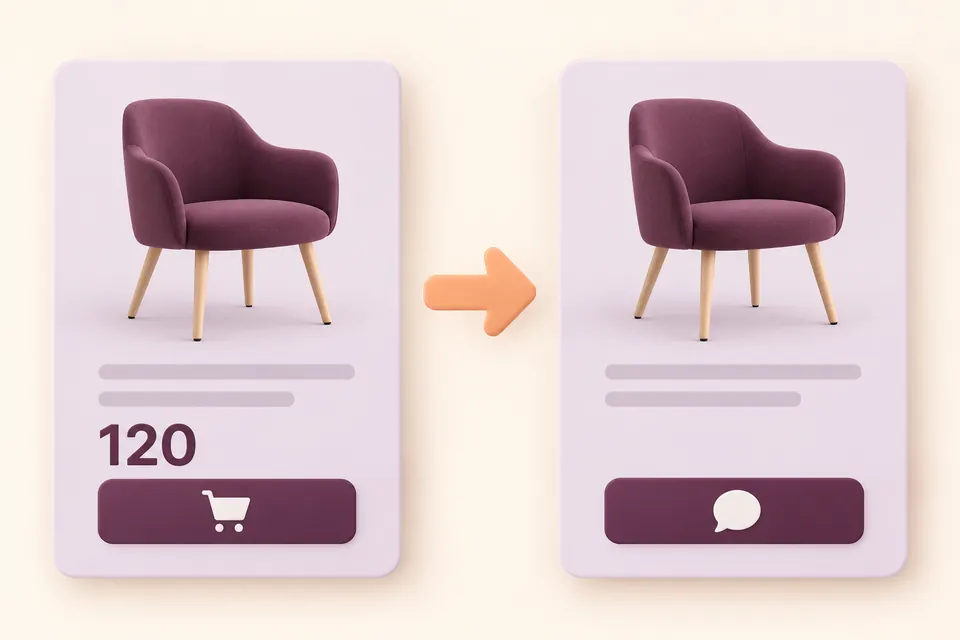 The same chair before and after: price 120 and a cart action are replaced by no displayed price and a quote-request action.