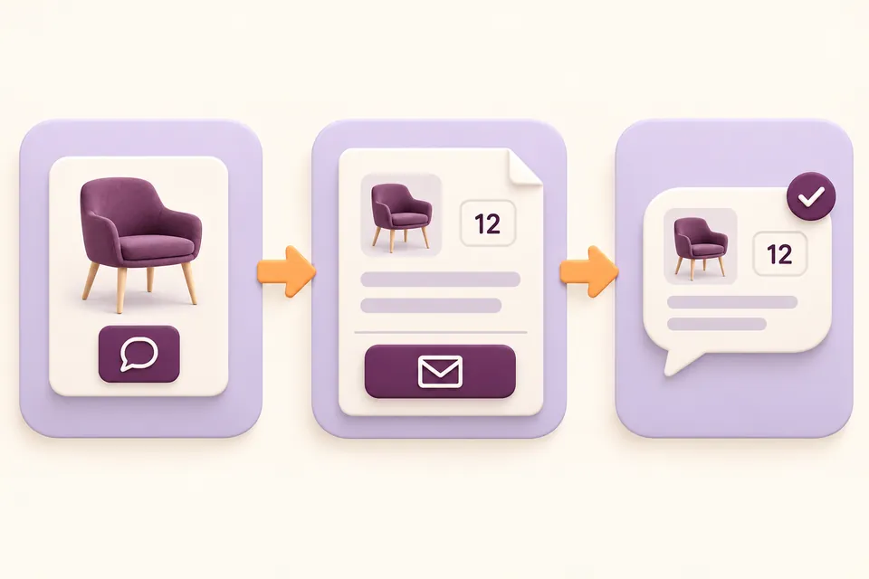 Three stages show choosing a chair, reviewing quantity 12 in the quote list and receiving a saved-request confirmation without payment.