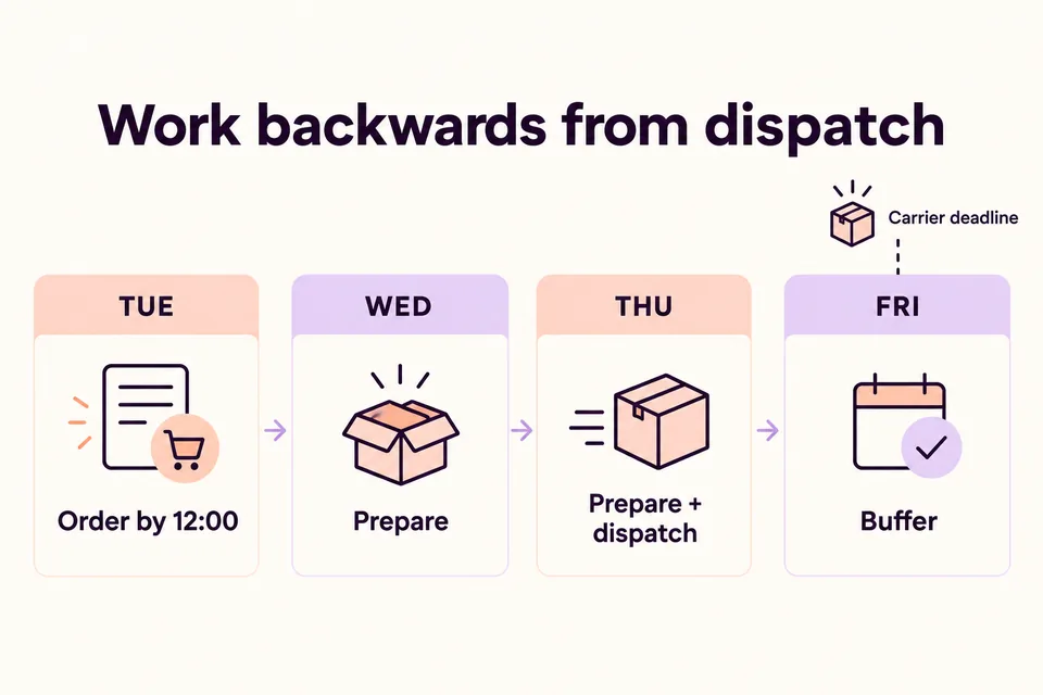 Ejemplo de cuatro días: compra hasta el martes al mediodía, preparación miércoles y jueves, expedición jueves y margen viernes.