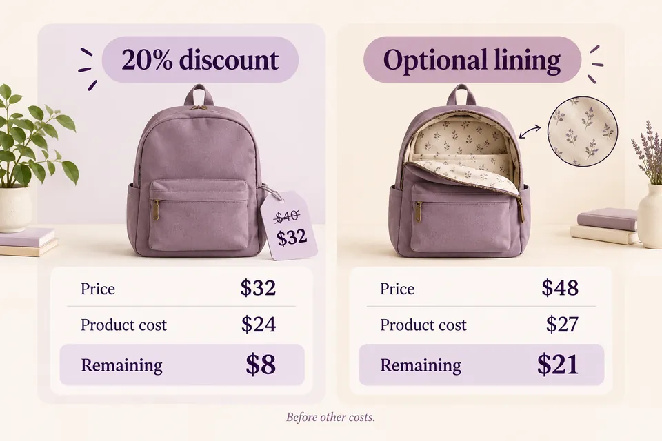Backpack comparison leaves US$8 after goods with a 20% discount, or US$21 with paid lining, before other costs.