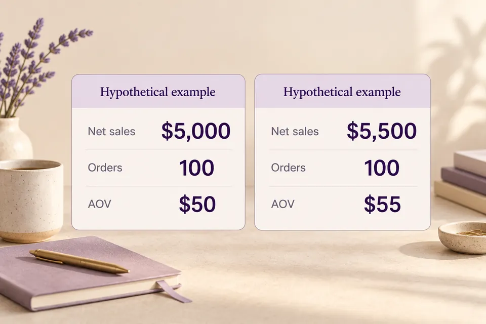 Hypothetical calculations show AOV of US$50 from 100 orders and US$5,000 net sales, versus US$55 from US$5,500.