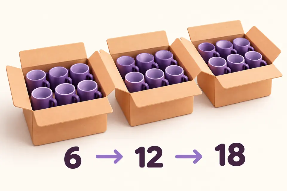 Three boxes of six mugs and a progression from 6 to 12 to 18 total units, illustrating quantity multiples.