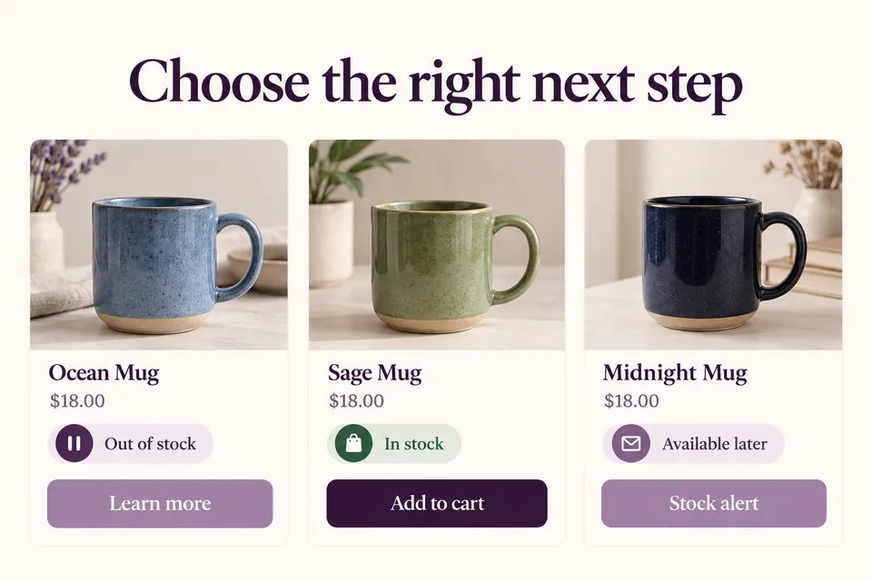 Three product cards distinguish an out-of-stock item, an available alternative and an availability-alert invitation.
