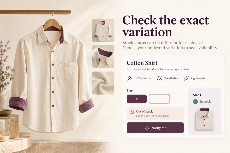 A shirt has size M selected and out of stock with a Notify me button; size L is separately marked in stock.