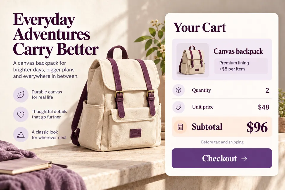 Cart with two backpacks at US$48 each, including premium lining, and a US$96 line total before tax and shipping.