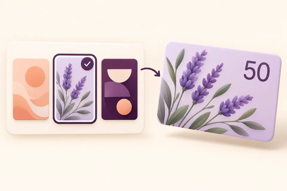 Selecting a lavender botanical thumbnail uses that artwork on a gift card with a value of 50.