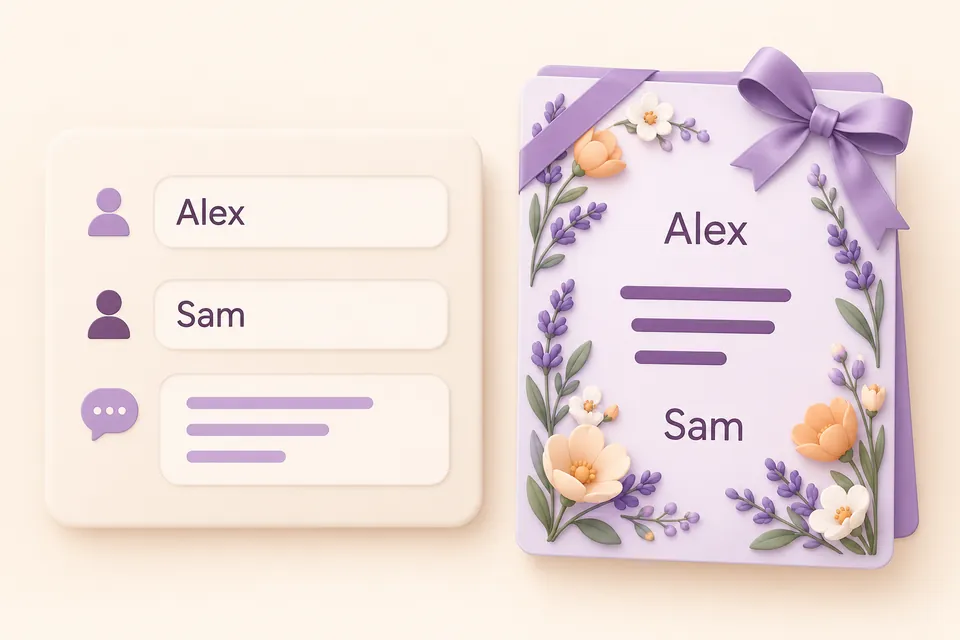 A recipient named Alex, sender Sam and personal message appear beside a composed floral gift card.