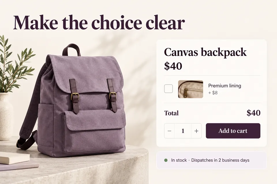 A US$40 backpack form shows an unselected US$8 lining option, total US$40 and an example dispatch note.