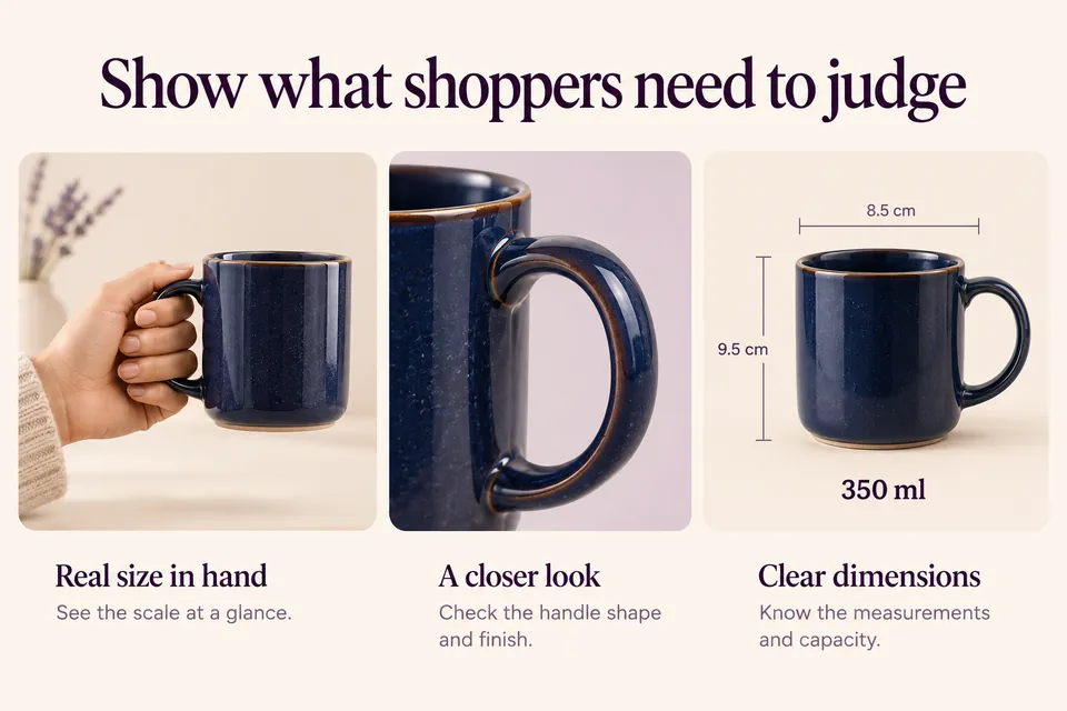 Three mug views show scale in a hand, the handle and a 350 ml specification.