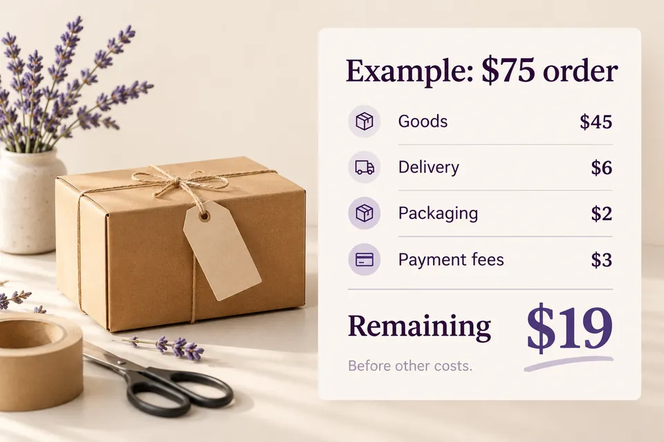 A US$75 order minus US$45 goods, US$6 delivery, US$2 packaging and US$3 fees leaves US$19 before other costs.
