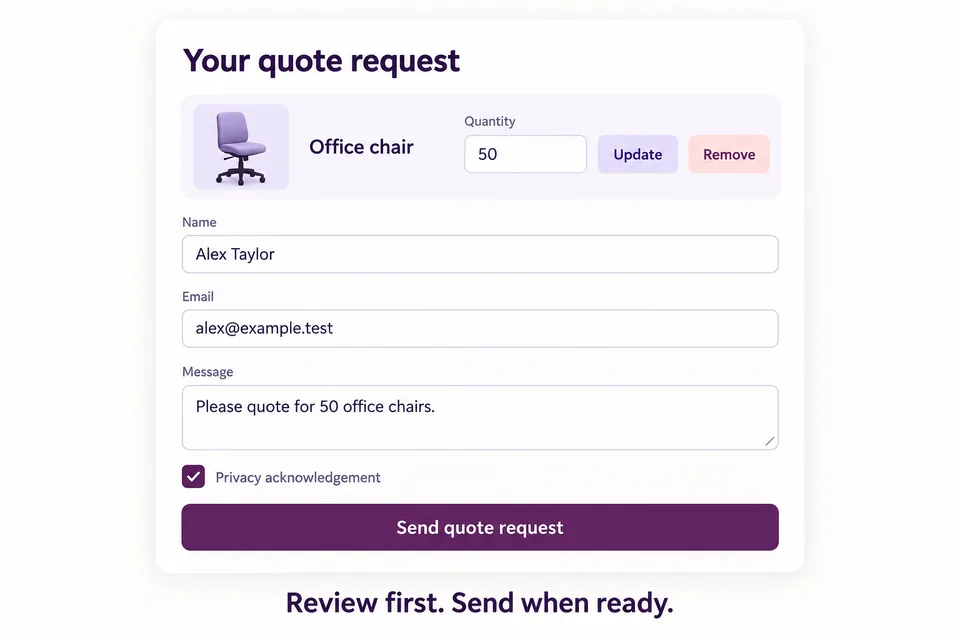 Quote list showing 50 office chairs, editable quantity and contact fields before sending a quote request.