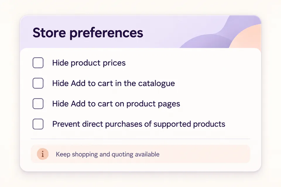 Four unchecked Free preferences keep product prices, Add to cart and direct purchases available alongside quote requests.
