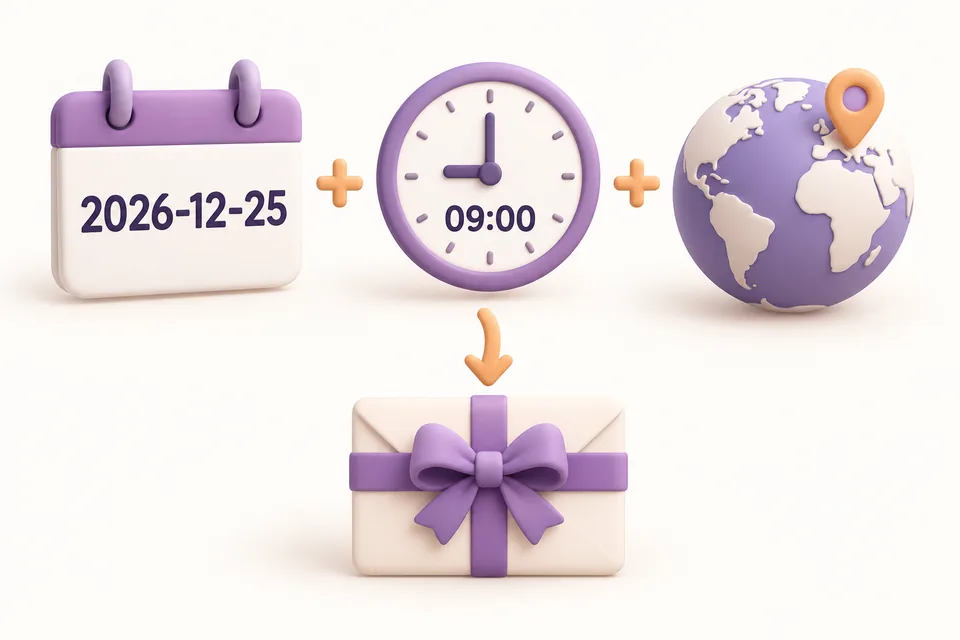 The delivery date, 09:00 time and store timezone jointly determine the scheduled gift card email.