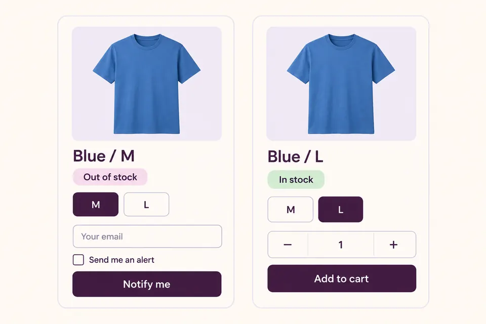 Two selections of a blue T-shirt: size M is out of stock with a request form; size L is in stock.