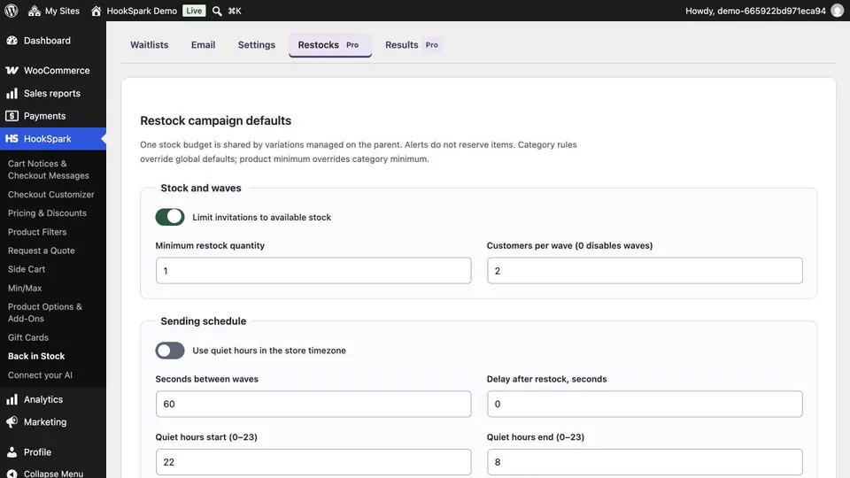 Demo de administración de Back in Stock Pro en inglés, con grupos de ajustes separados para tandas de invitaciones según existencias y horarios de envío