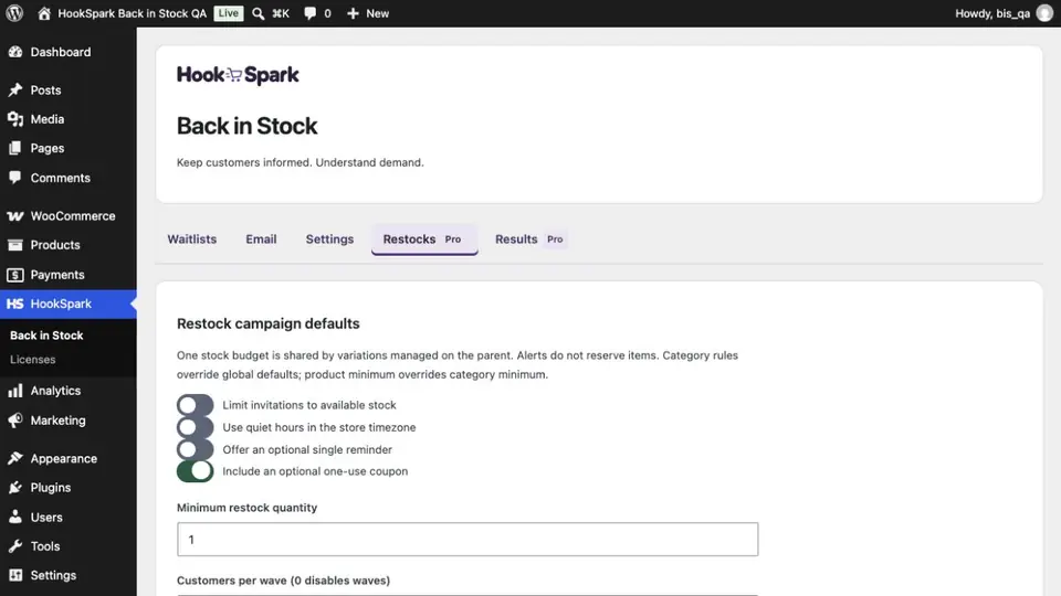Actual Back in Stock Pro admin in English showing restock campaign defaults, invitation limits, quiet hours, reminders and coupons