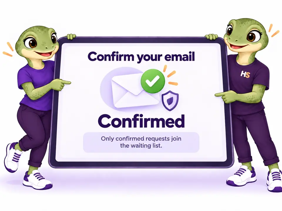 HookSpark mascots present an email confirmation, a checkmark and a privacy shield. Concept illustration.