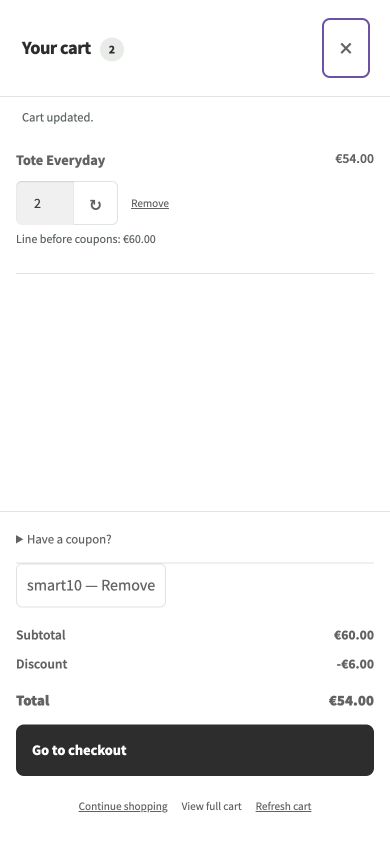 The same real cart at 390 × 844, with checkout visible.