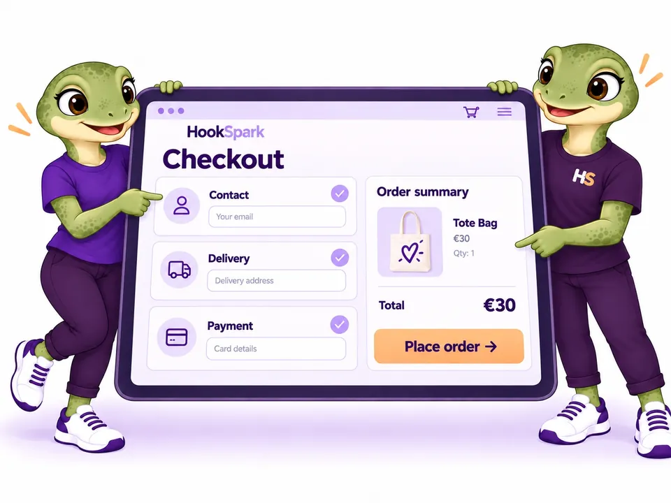 The two HookSpark mascots hold a large screen and point to an organized checkout with contact, delivery, payment and order summary. Concept illustration.
