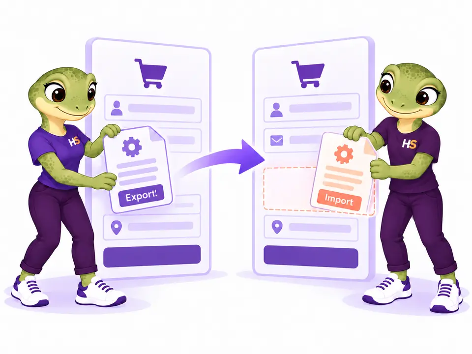 The two HookSpark mascots export a checkout configuration from one store and import it into another.