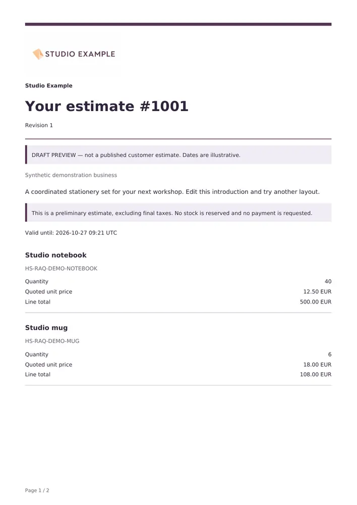 First page of a Compact quote PDF generated by the plugin.