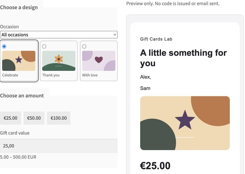 Artwork selection, amount and recipient email preview